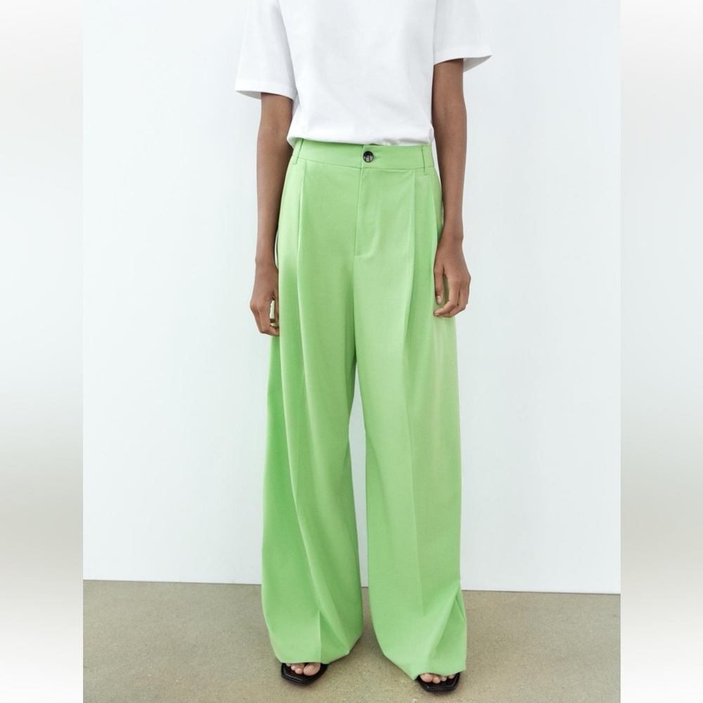 Zara Green Wide-Leg Pants High-Waisted